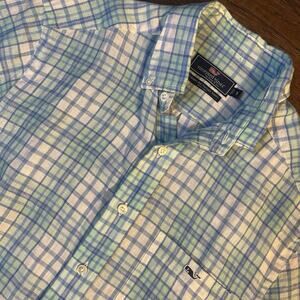 Vineyard Vines Tucker Linen Shirt Men's Size Small Blue Green Plaid Short Sleeve